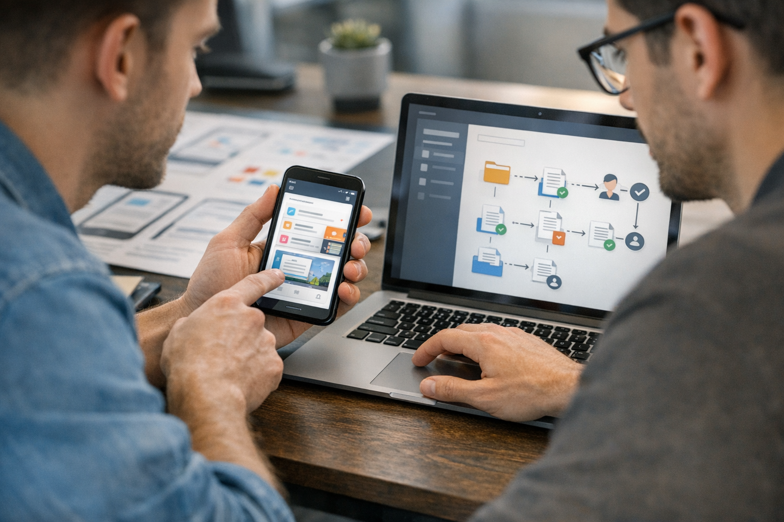 Gros plan sur un designer et un développeur examinant l’interface d’une applicat...