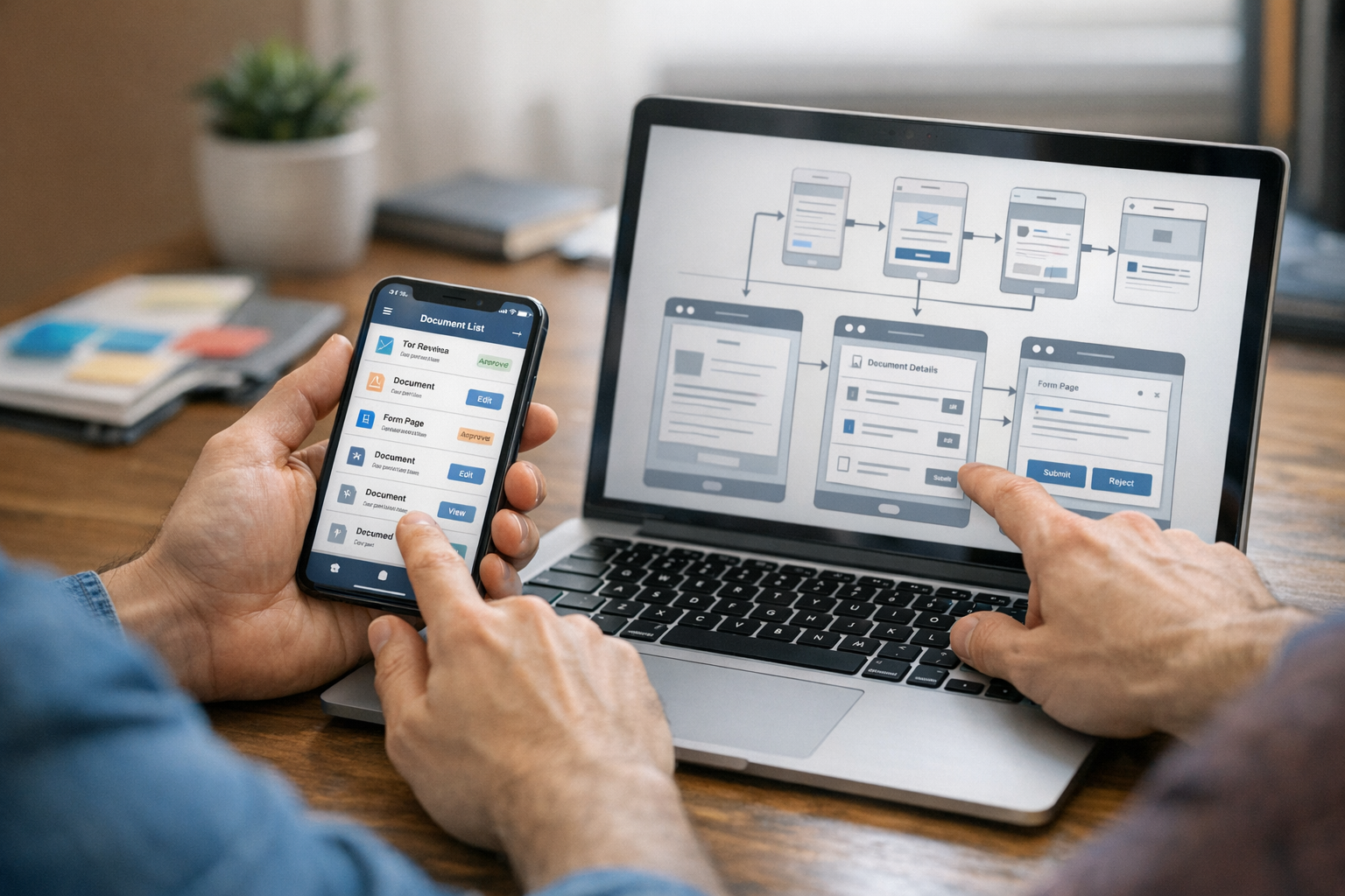 スマートフォンとノートPC上で、モバイルアプリのインターフェースと文書ワークフローを確認するデザイナーと開発者のクローズアップ。プロフェッショナルなオフィス環境...