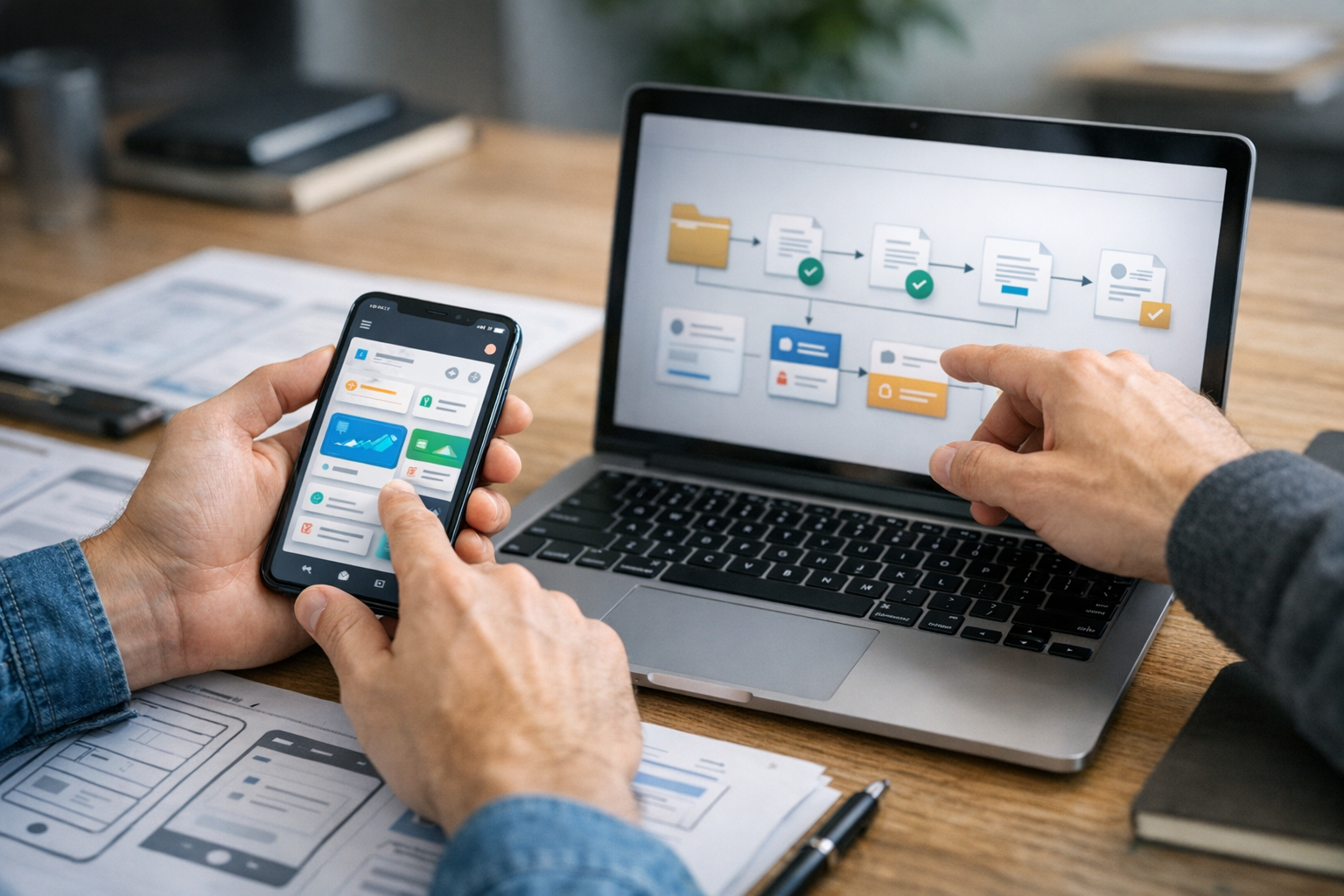 Close-up van een designer en ontwikkelaar die een mobiele app-interface en docum...