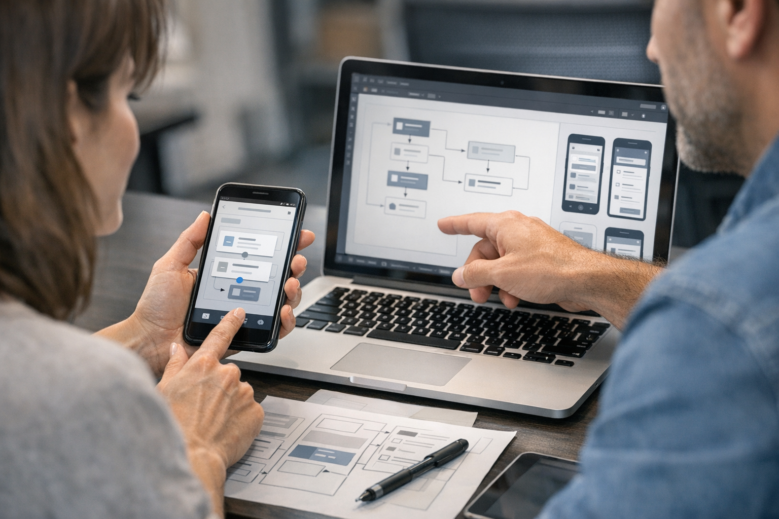 Close-up desainer dan developer yang sedang meninjau antarmuka aplikasi mobile d...