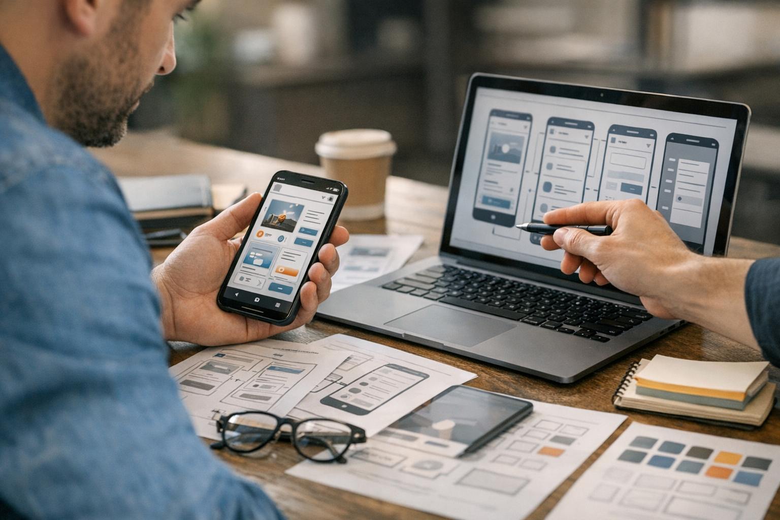 תקריב של מעצב ומפתח הסוקרים ממשק אפליקציה סלולרית ותהליך עבודה עם מסמכים על סמאר...