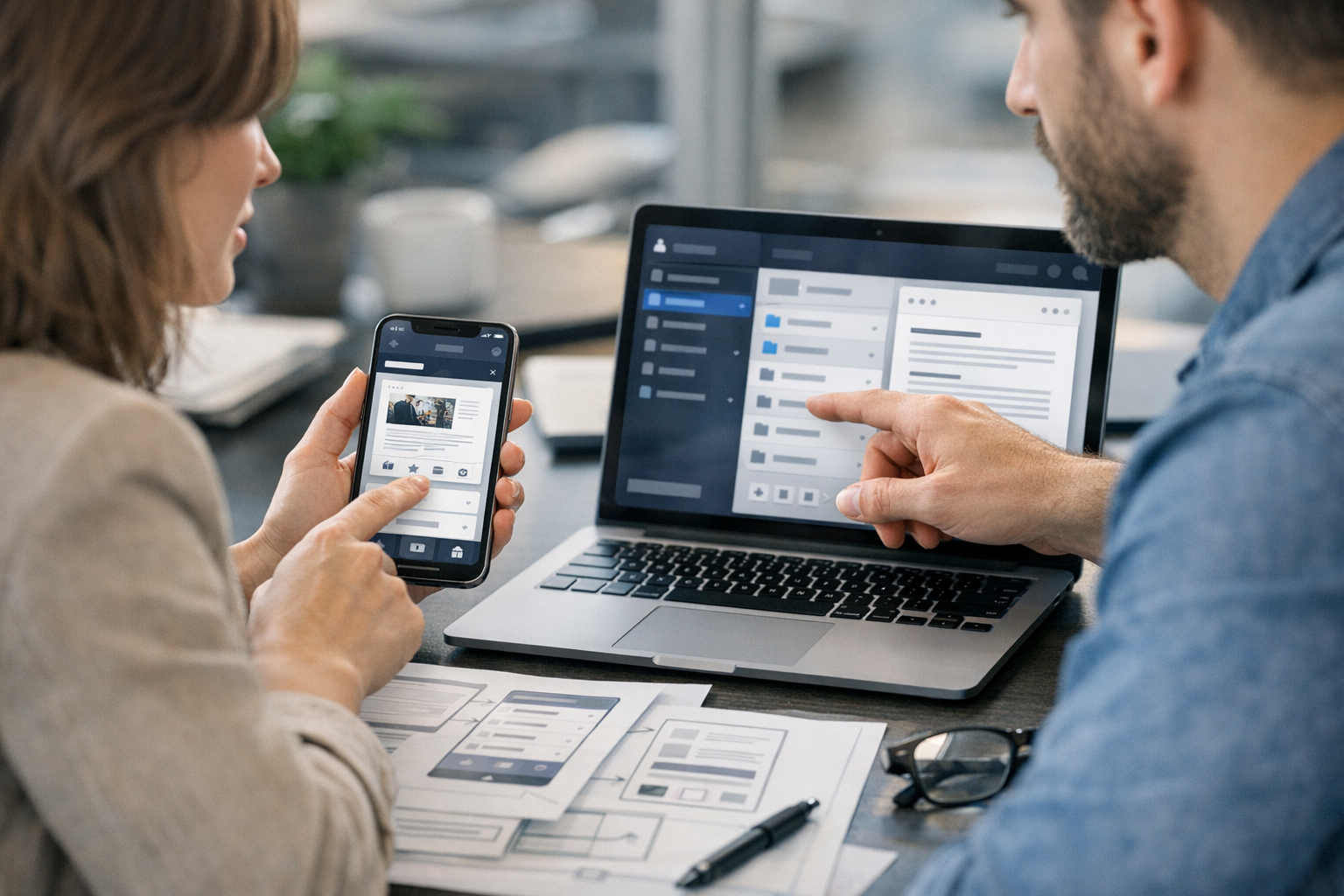 Крупный план: дизайнер и разработчик анализируют интерфейс мобильного приложения...