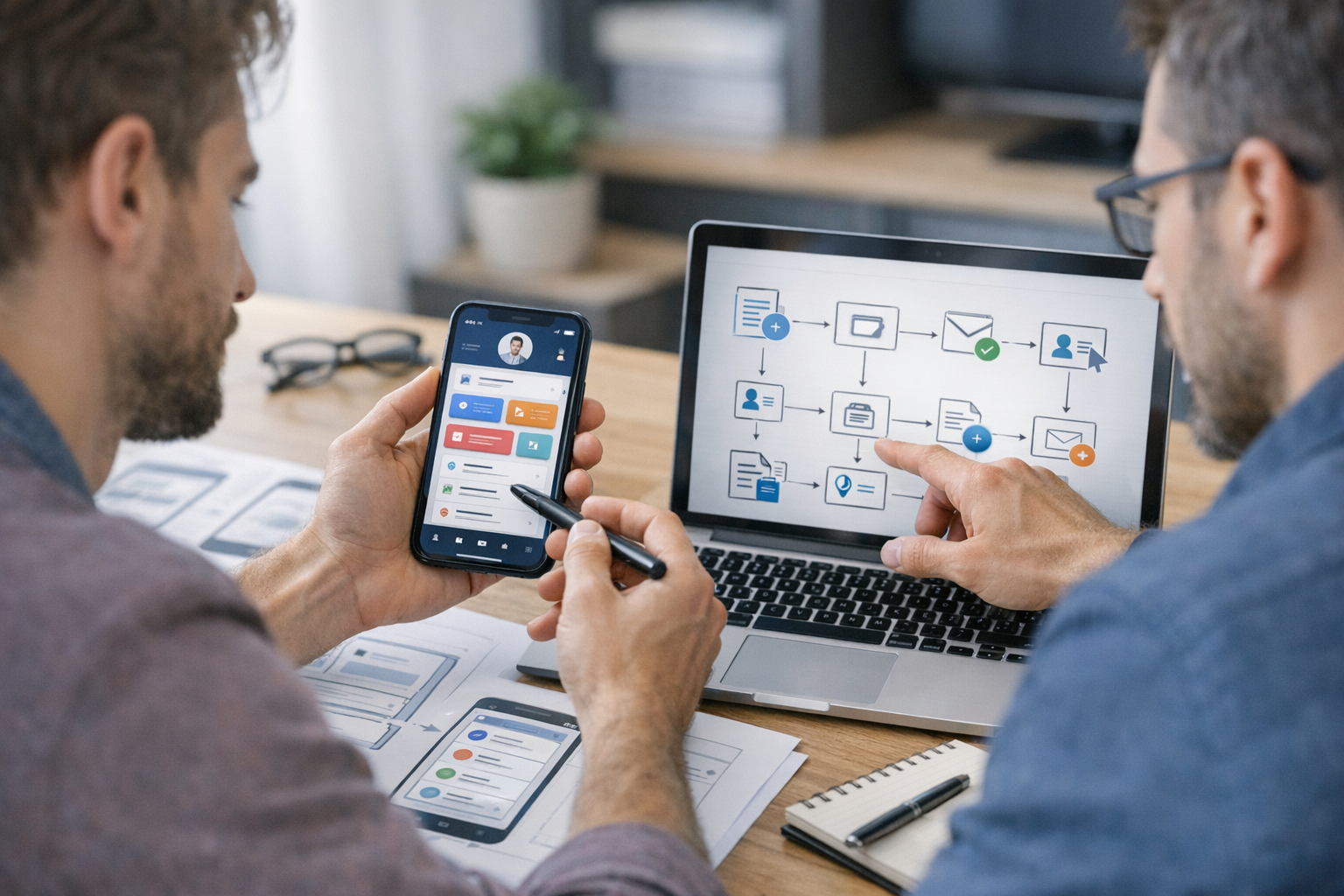 Primo piano di un designer e uno sviluppatore che analizzano un’interfaccia di a...