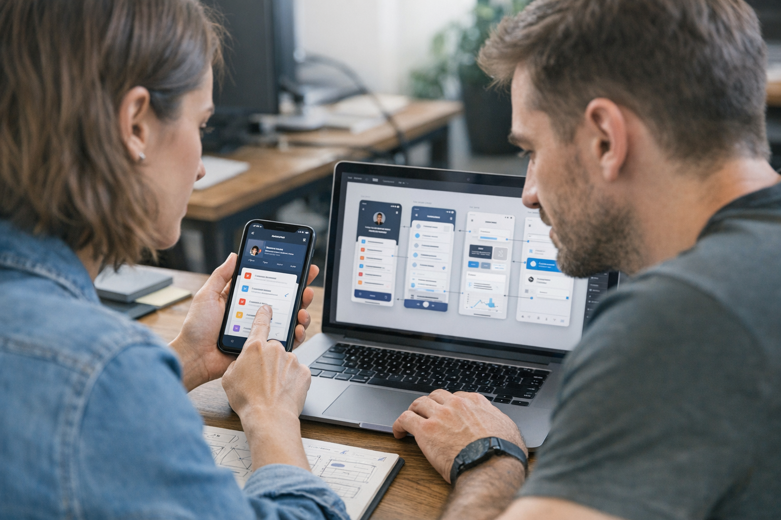 设计师与开发人员近距离查看智能手机和笔记本电脑上的移动应用界面与文档工作流，专业办公环境，真实光线，突出可用性与数字产品设计，无文字覆盖，无水印