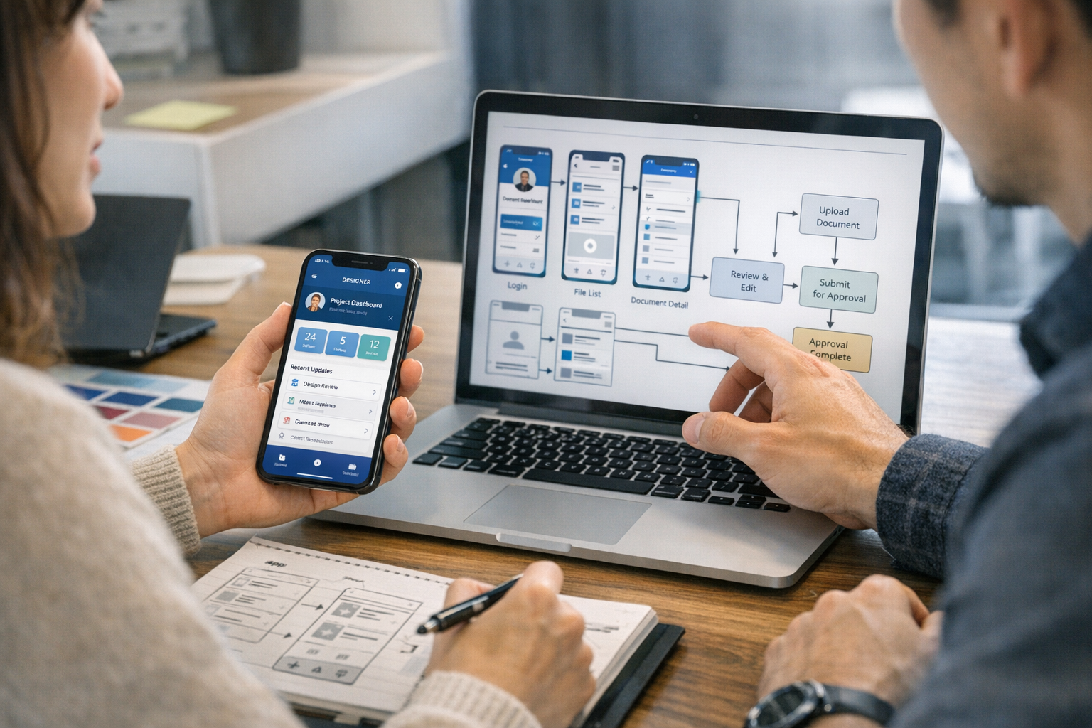 전문적인 사무 환경에서 디자이너와 개발자가 스마트폰과 노트북 화면으로 모바일 애플리케이션 인터페이스와 문서 워크플로우를 검토하는 클로즈업, 사실...