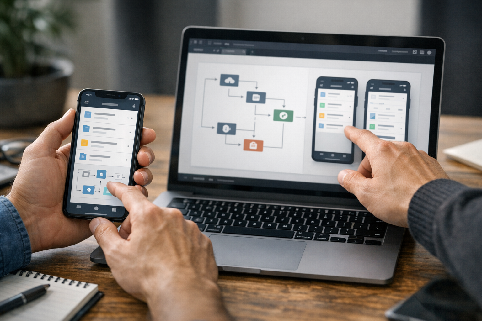 لقطة مقرّبة لمصمم ومطور يراجعان واجهة تطبيق جوال وسير عمل للمستندات على هاتف ذكي...