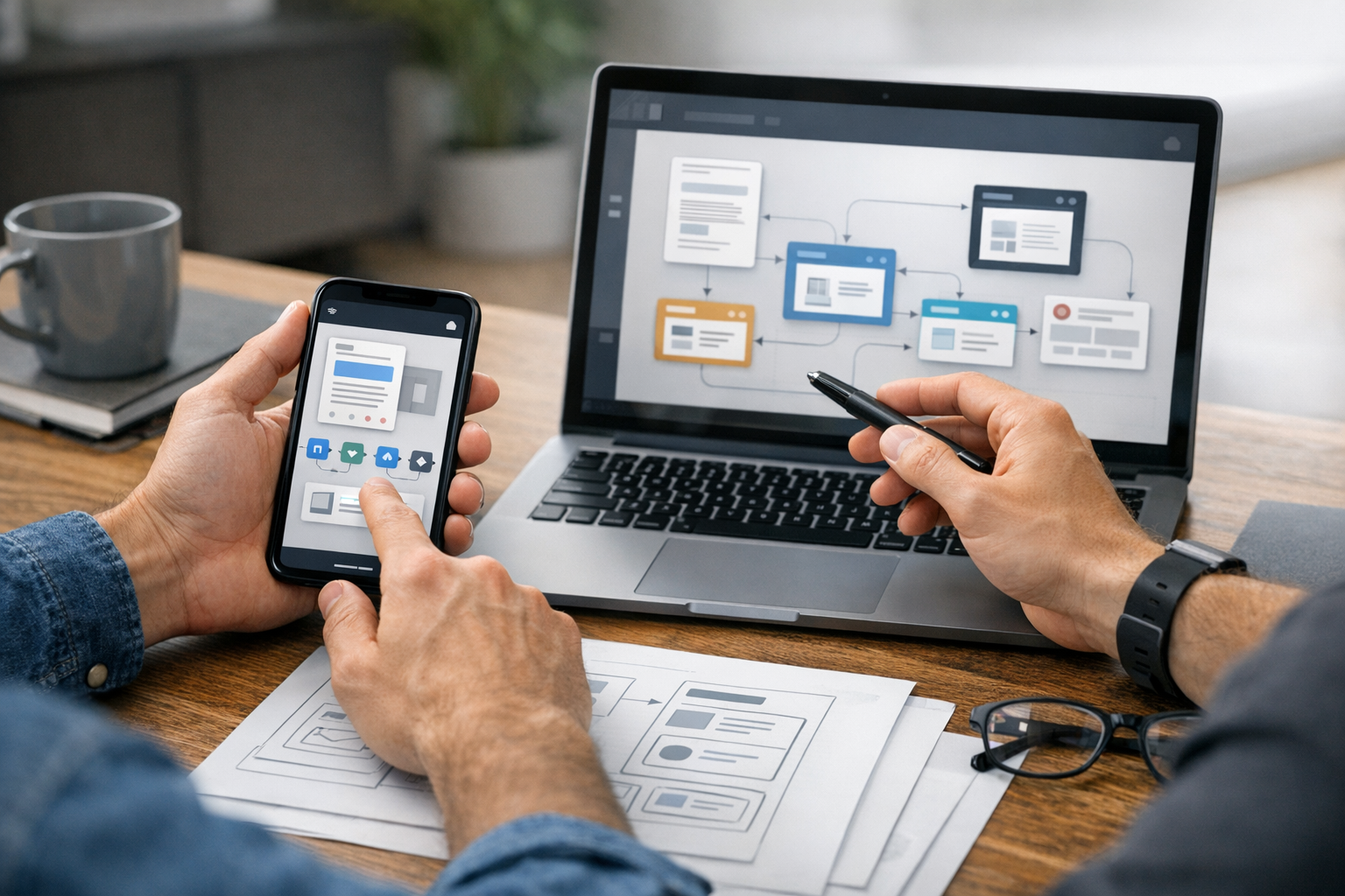 لقطة مقرّبة لمصمم ومطور يراجعان واجهة تطبيق جوال وسير عمل للمستندات على هاتف ذكي...