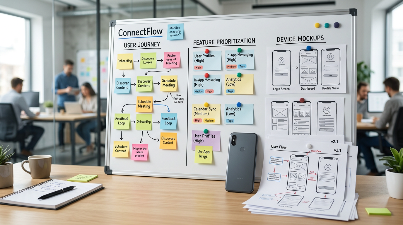 Close-up of a mobile app planning board with user journey notes, feature priorit...