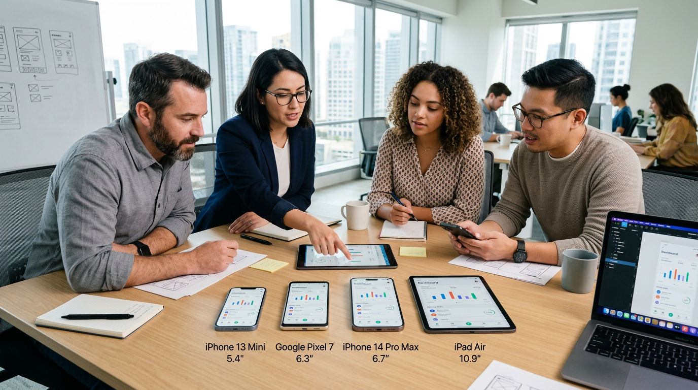 Product design review scene with a team examining app layouts across multiple sm...