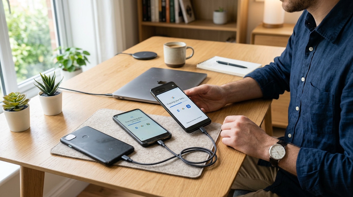 Pengguna memindahkan data antara ponsel lama dan ponsel baru