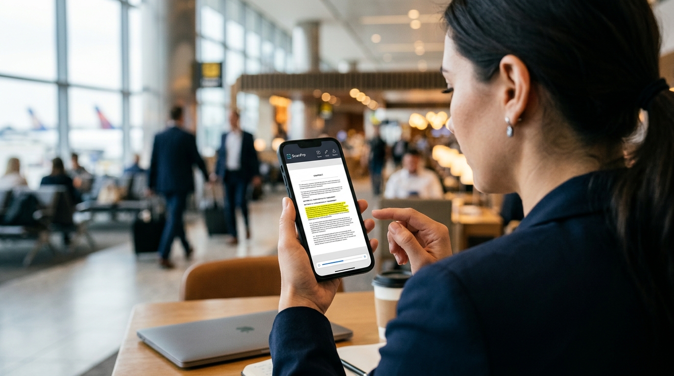 AIを活用したドキュメント分析を表示するスマートフォンの画面を見ているプロフェッショナルのクローズアップ