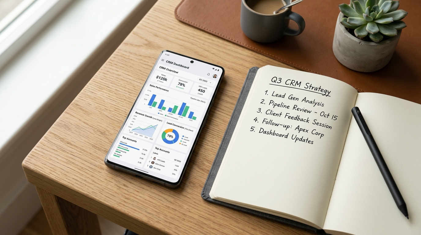 予測型CRMインターフェースを実行する洗練されたスマートフォンが置かれた、清潔な木製デスク上のハイエンドなフラットレイ構図