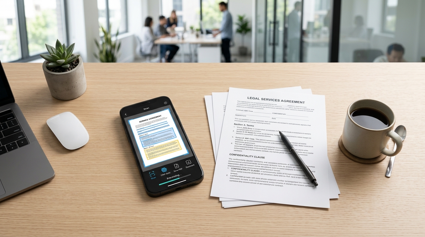 Una ripresa dall'alto di una scrivania minimalista in un ufficio aziendale. Sulla scrivania...