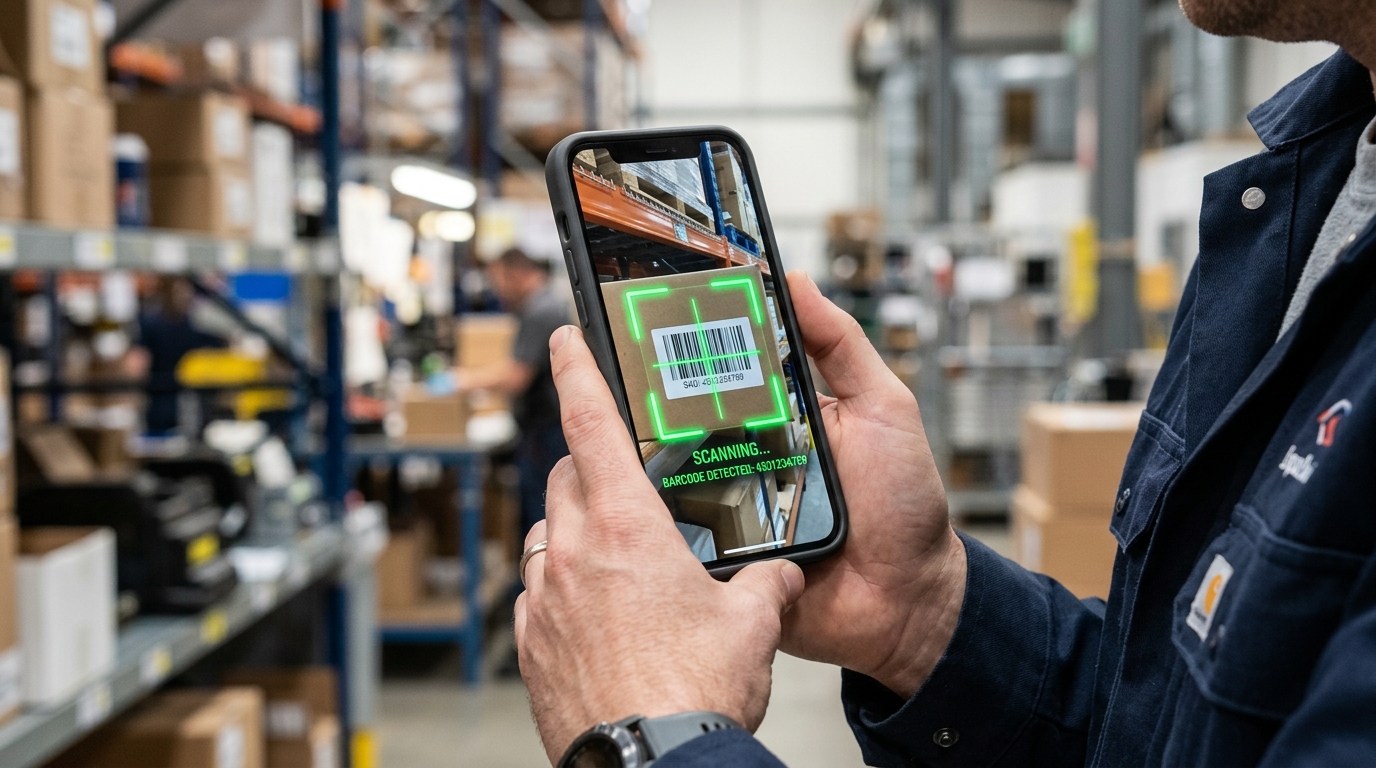 Un primo piano di una persona che tiene uno smartphone moderno in un ambiente industriale luminoso...