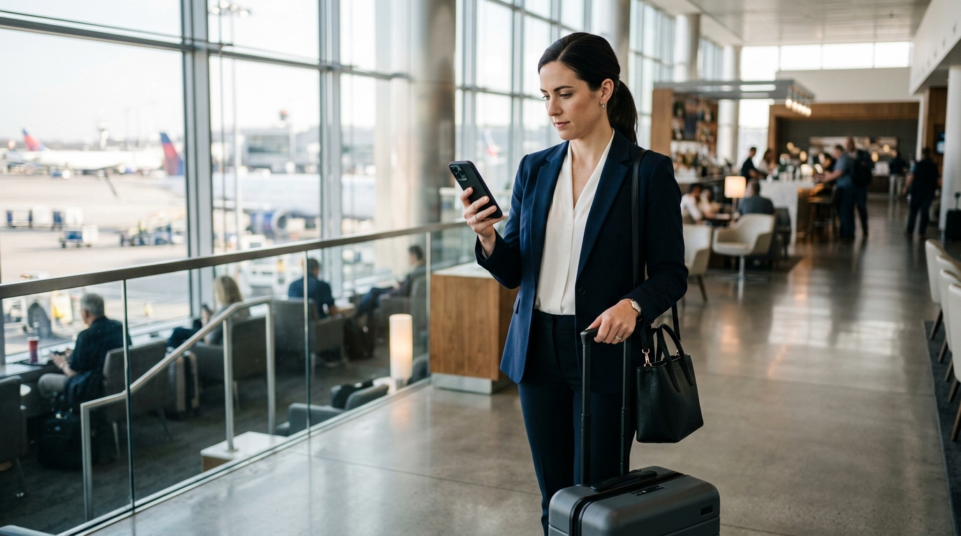 एक आधुनिक, रोशनी से भरे एयरपोर्ट लाउंज में एक पेशेवर महिला, खड़ी होकर स्मार्टफोन का उपयोग करते हुए...