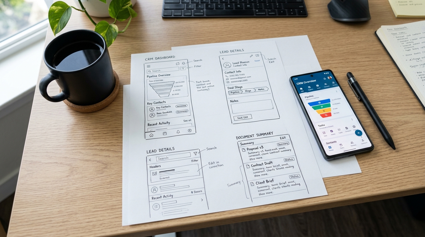एक उत्पाद डिजाइनर के डेस्क का क्लोज-अप। मोबाइल एप्लिकेशन इंटरफ़ेस के पेपर वायरफ्रेम...