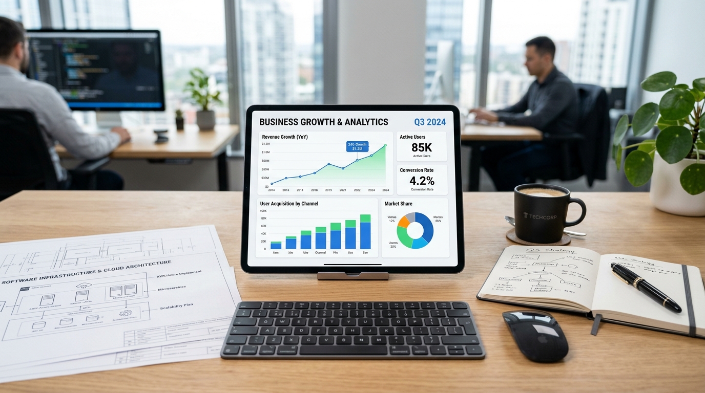 Профессиональное рабочее место: цифровой планшет с графиками аналитики данных и смартфон для тестирования разработки.