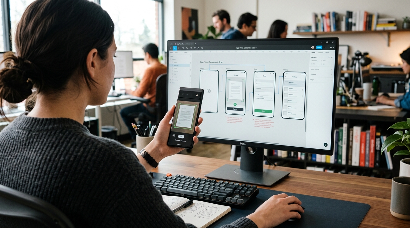 Крупный план через плечо: продуктовый дизайнер держит смартфон, просматривая макеты мобильного интерфейса.