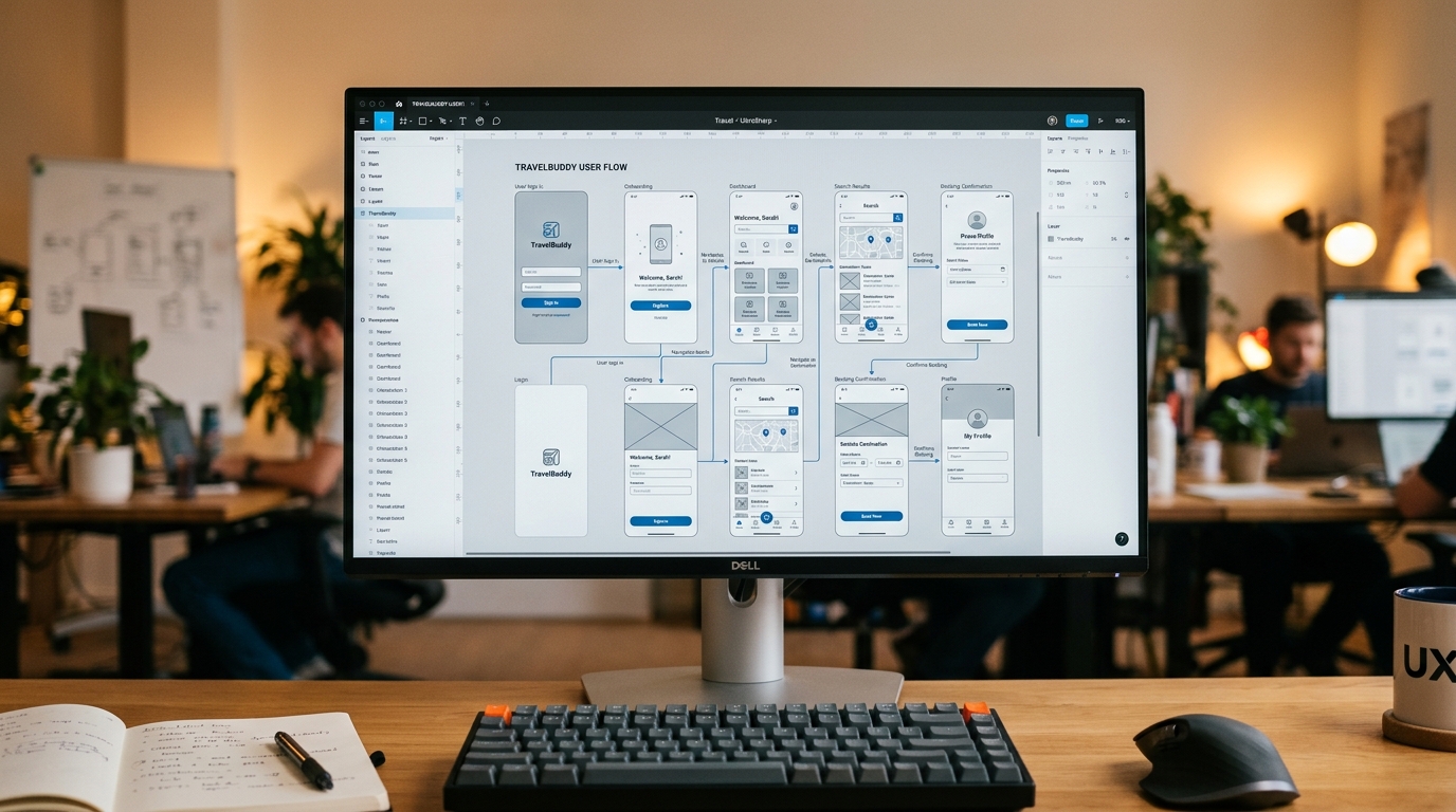 현대적인 모바일 인터페이스 와이어프레임을 보여주는 UX 디자이너의 컴퓨터 모니터 매크로 사진.
