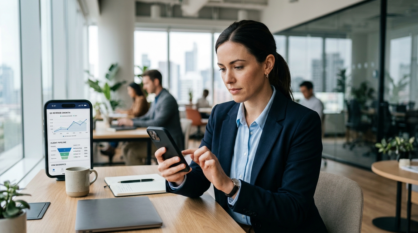 자연광이 들어오는 현대적인 사무실 환경에서 전문가가 스마트폰을 들고 CRM을 업데이트하는 모습.