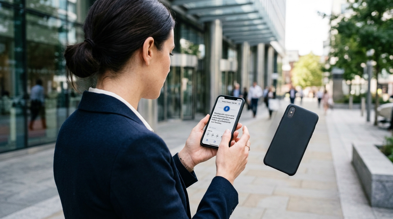 一位身着职业装的女性在商务环境中的近距离过肩视角。