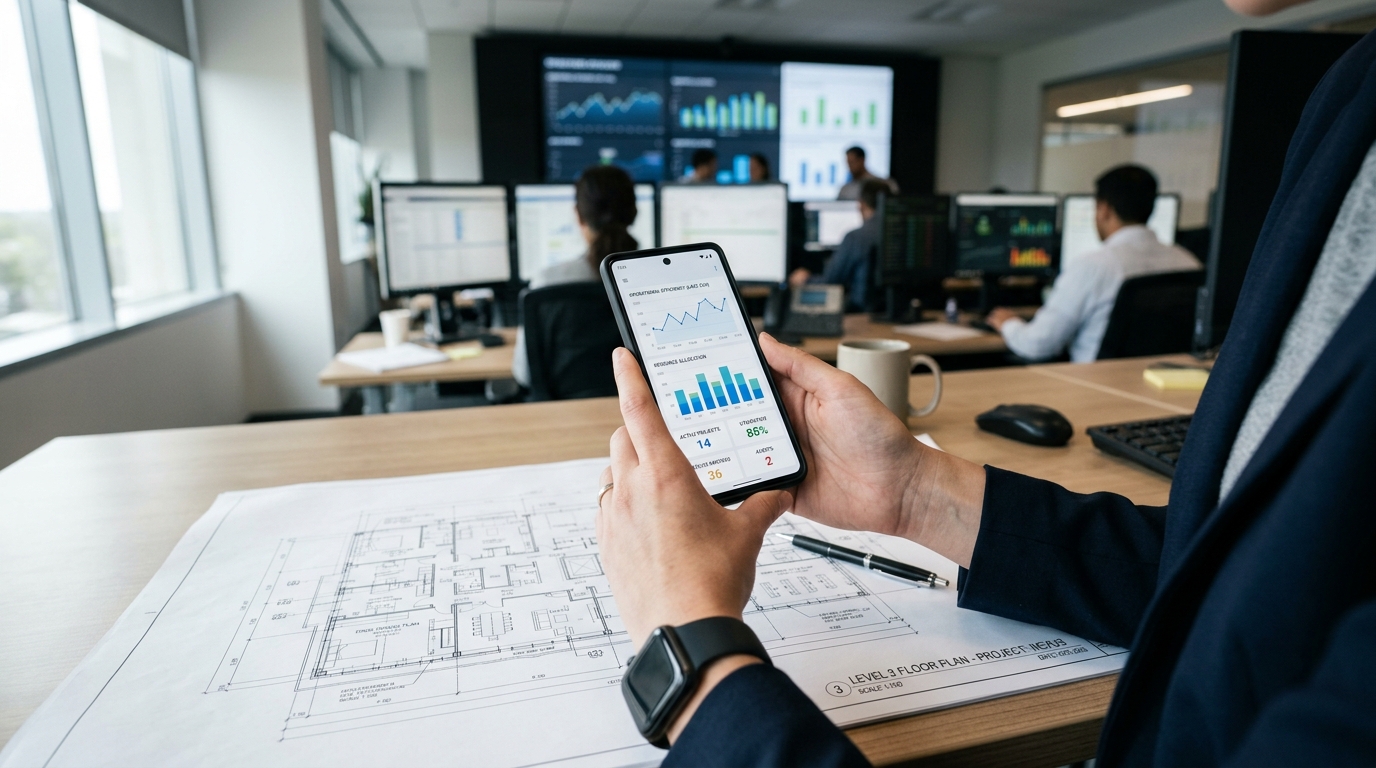 لقطة واقعية لمركز عمليات شركة تظهر يد عامل يمسك بهاتف ذكي حديث فوق مكتب عليه مخططات هندسية