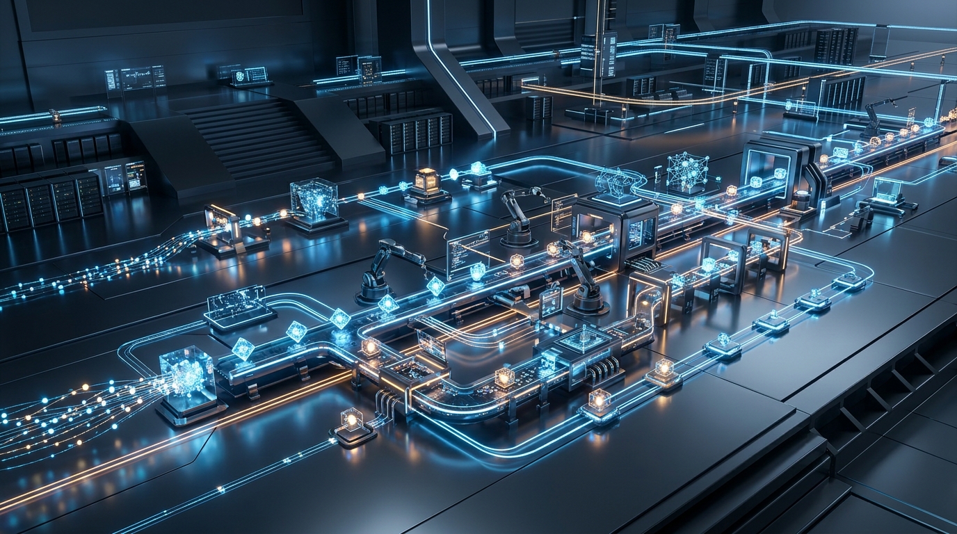 تصميم ثلاثي الأبعاد مفاهيمي عالي التقنية يمثل 'مصنع ذكاء اصطناعي' بجمالية مؤسسية نظيفة