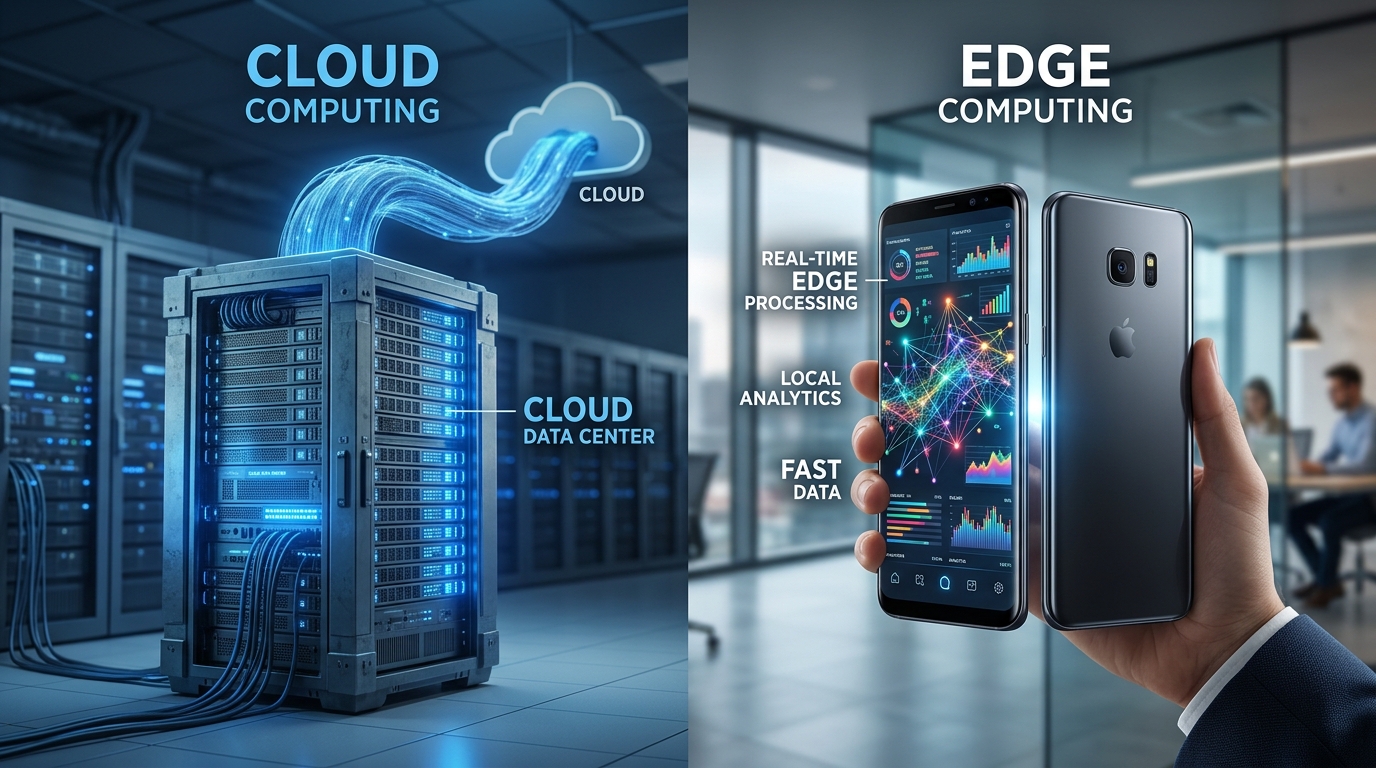 A side-by-side conceptual image. On the left, a bulky, glowing data server rack ...