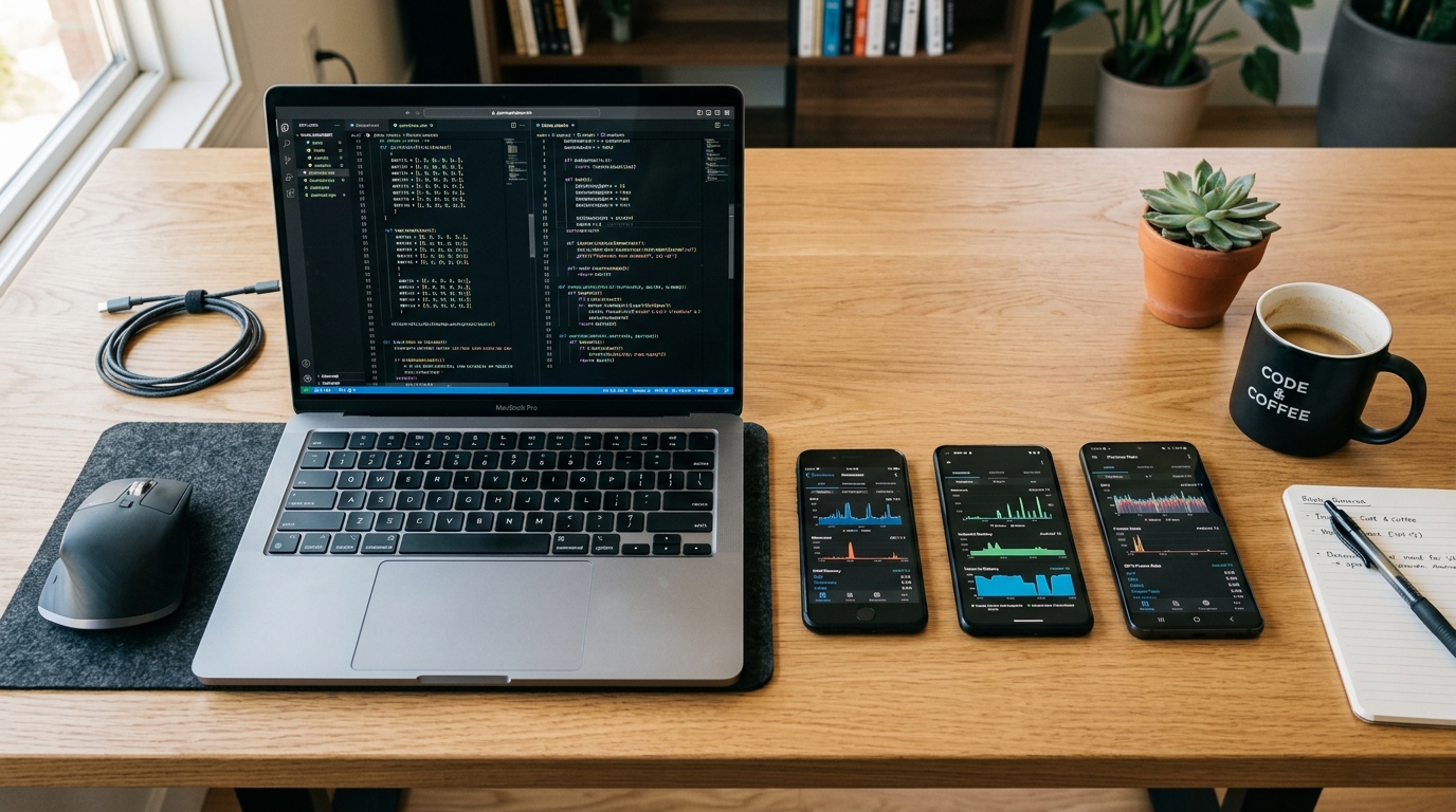 A software engineer's clean desk from a top-down angle. A laptop displays comple...