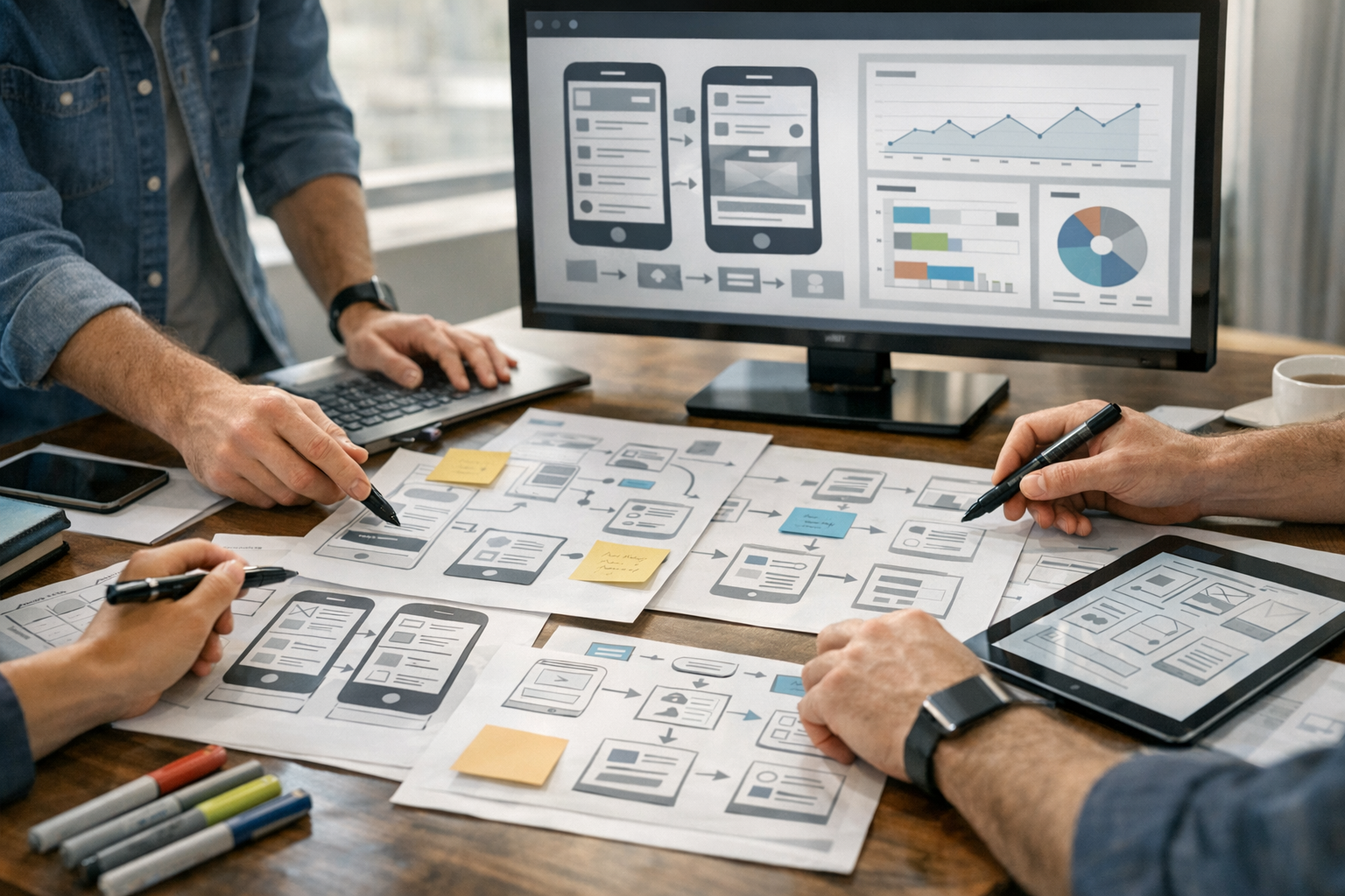Primo piano di una sessione collaborativa di pianificazione prodotto con designer e sviluppatori...