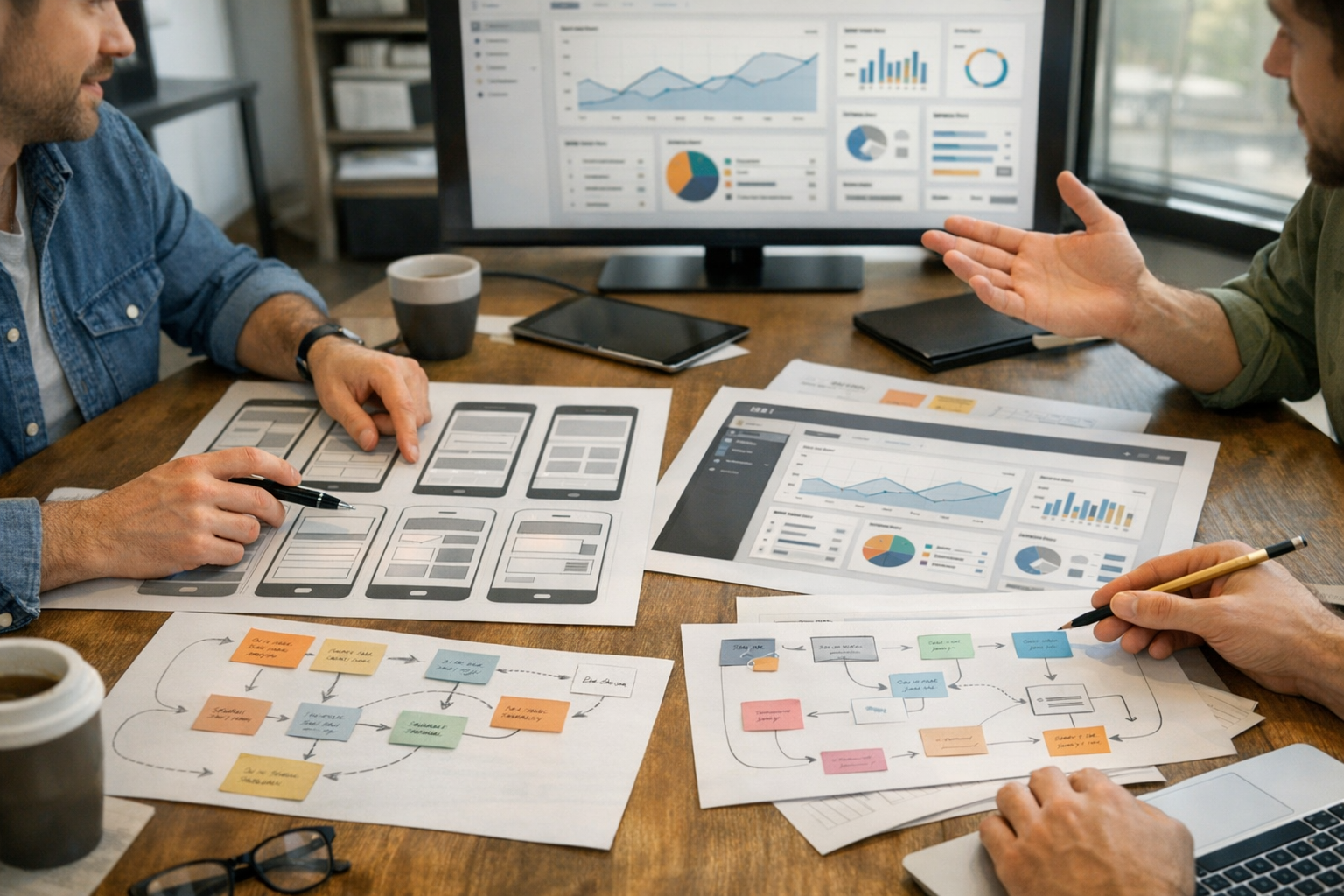 Gros plan sur une session collaborative de planification produit montrant des de...