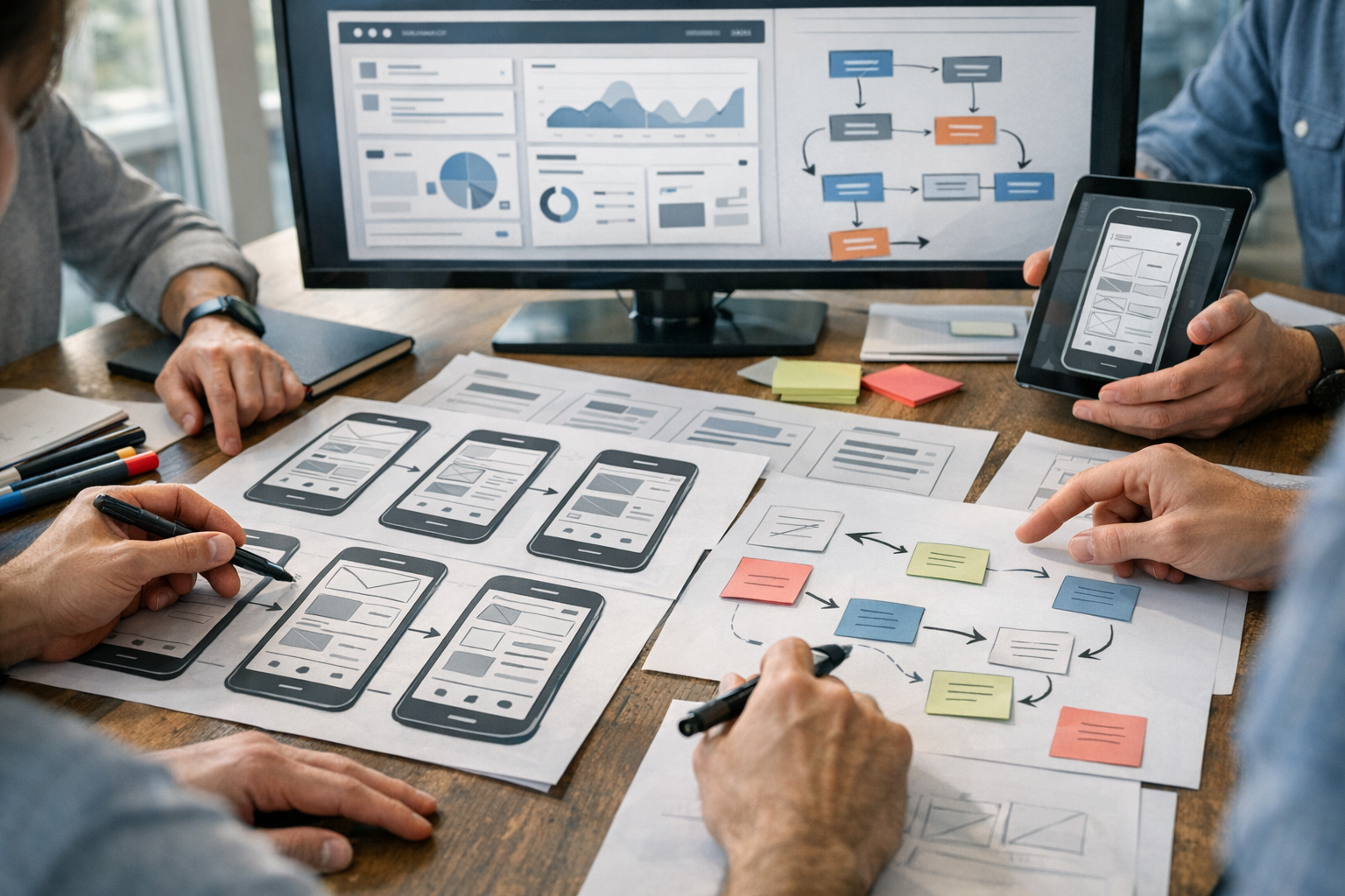 תקריב של ישיבת תכנון מוצר שיתופית שבה מעצבים ומפתחים דנים בוויירפריימים של אפליק...