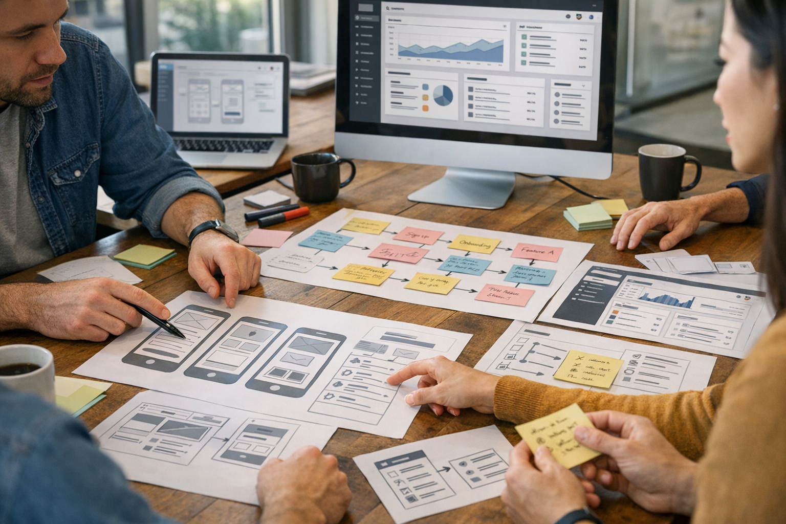 Yakın plan iş birliğine dayalı ürün planlama oturumu; tasarımcılar ve geliştiric...