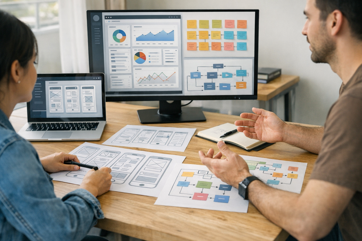 产品规划协作会议特写，设计师与开发者正在讨论移动应用线框图、Web 仪表盘布局、用户旅程便签和实用软件工作流，桌面与显示器上清晰可见相关内容，真实企业办公环境，...