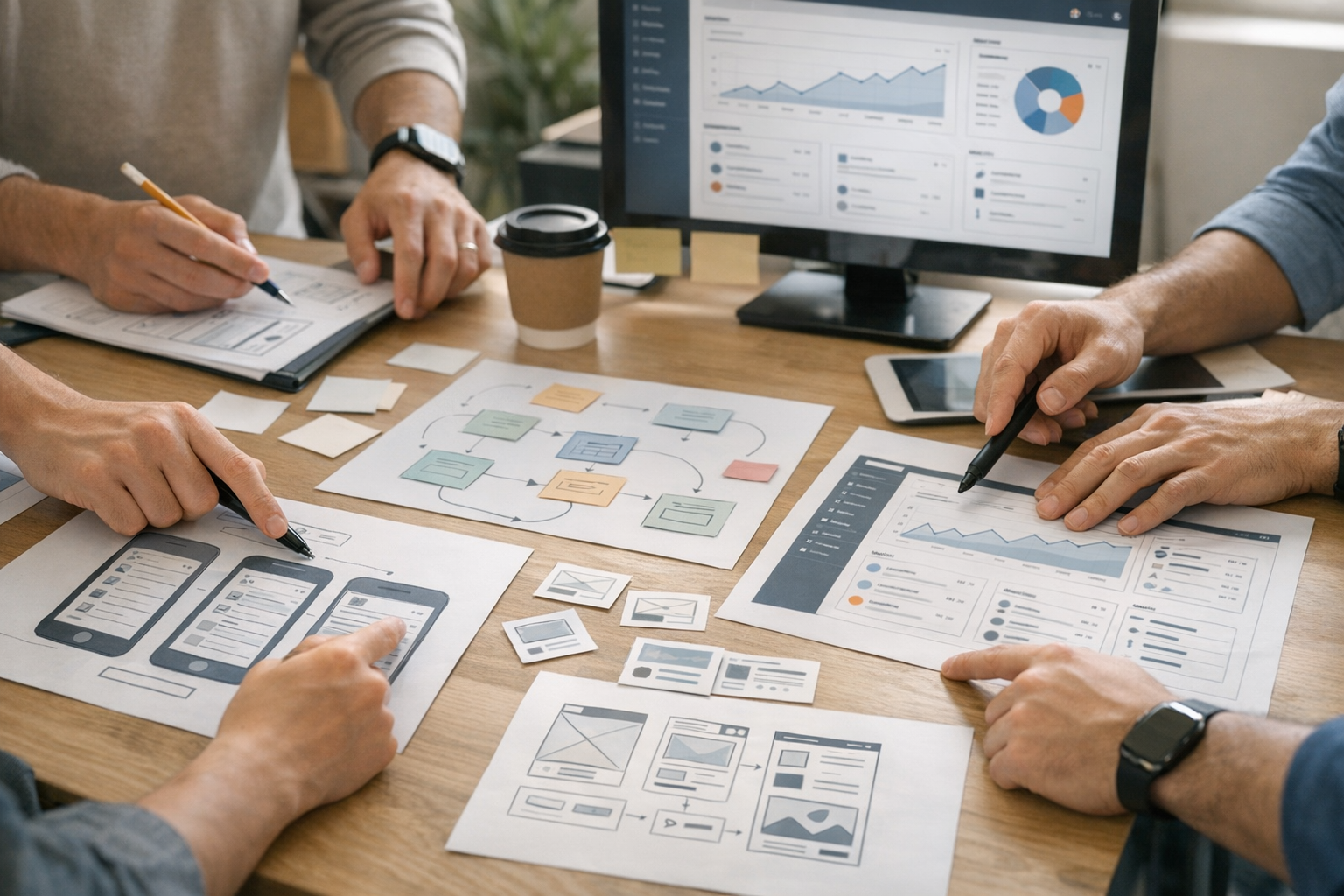 Close-up sesi perencanaan produk kolaboratif yang menampilkan desainer dan devel...