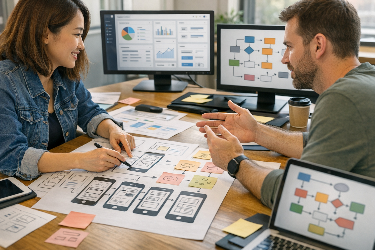 デザイナーと開発者が、モバイルアプリのワイヤーフレーム、Webダッシュボードのレイアウト、ユーザージャーニーのメモ、実用的なソフトウェアの業務フローについて、テ...