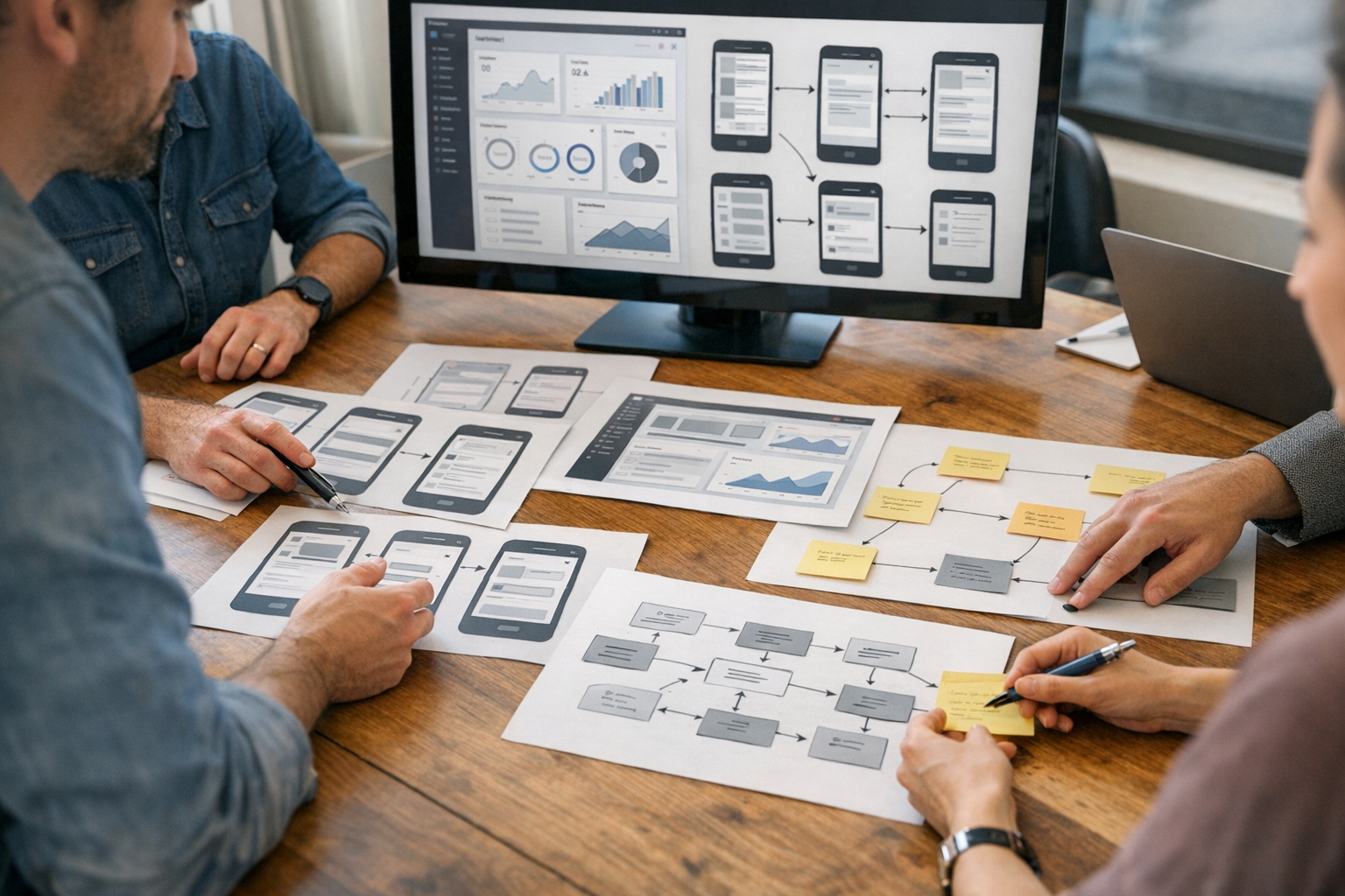 Close de uma sessão colaborativa de planejamento de produto mostrando designers ...