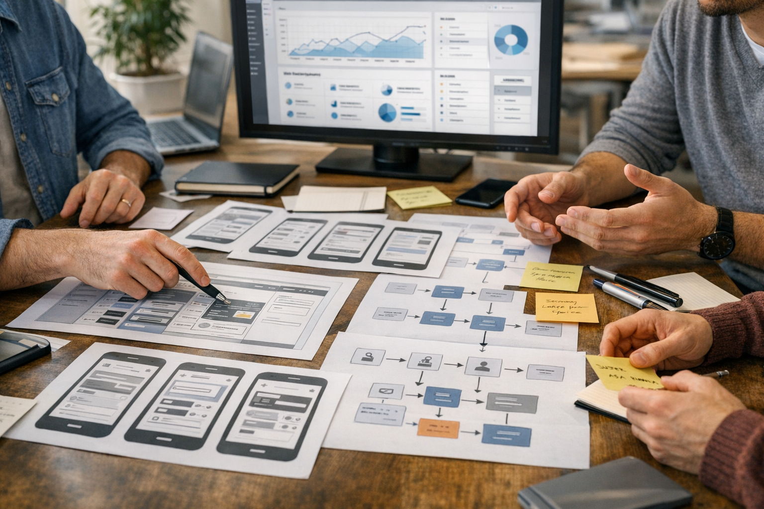 Nahaufnahme einer kollaborativen Produktplanungssitzung, bei der Designer und En...