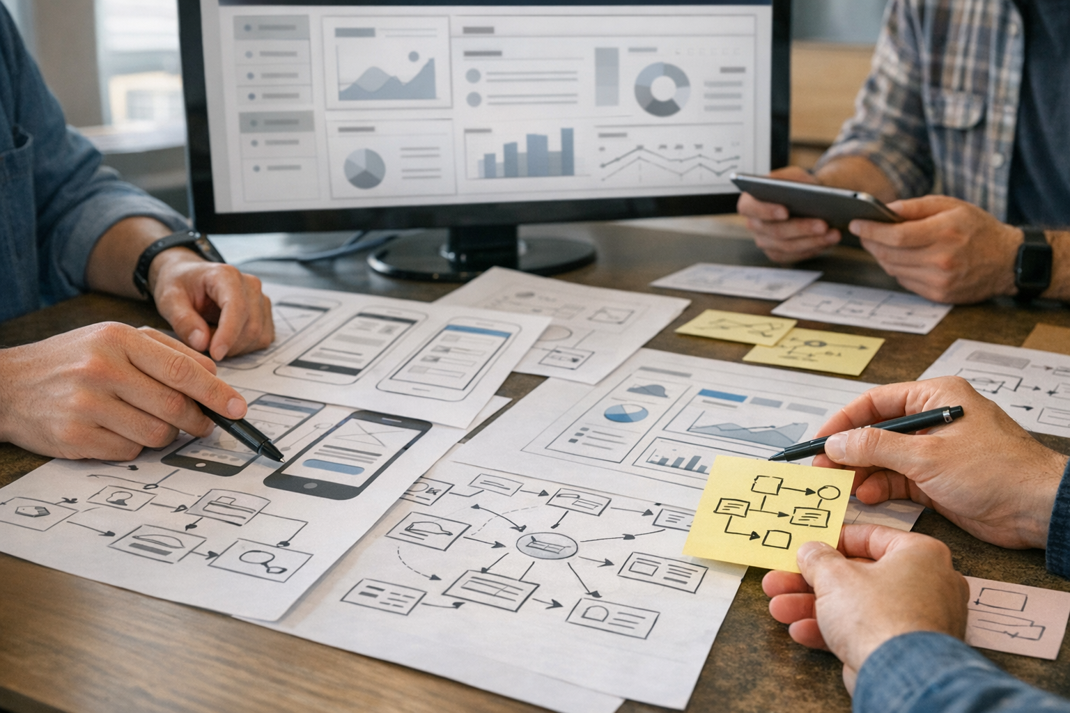 Primer plano de una sesión colaborativa de planificación de producto con diseñad...