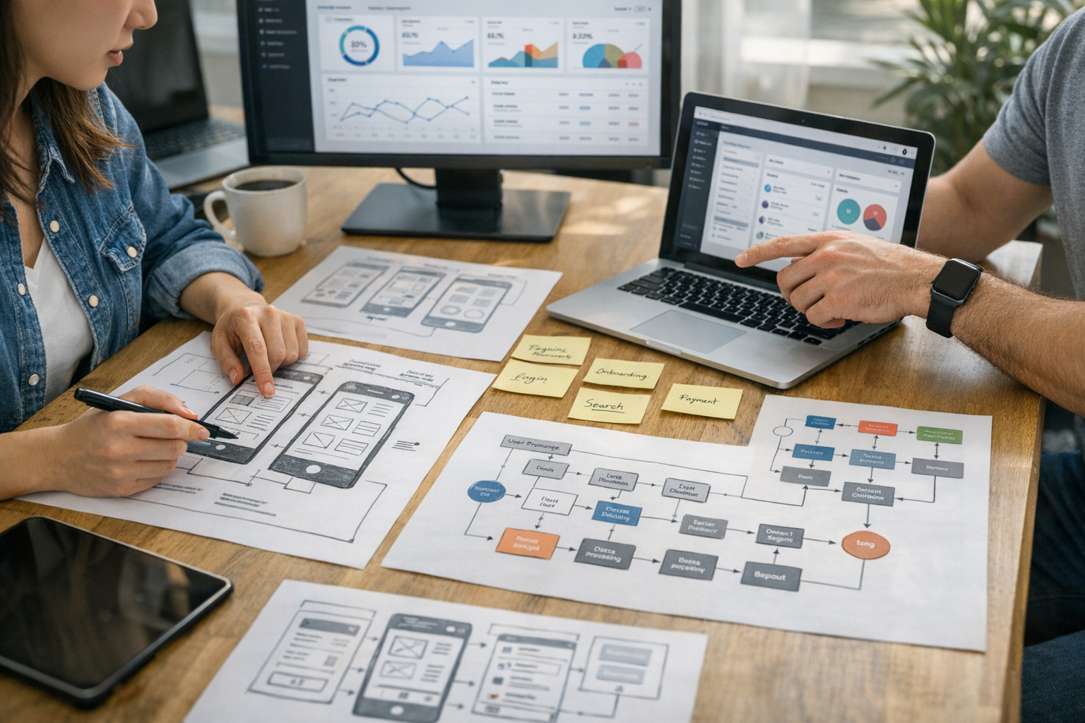 디자이너와 개발자가 모바일 앱 와이어프레임, 웹 대시보드 레이아웃, 사용자 여정 메모, 실용적인 소프트웨어 워크플로를 테이블과 모니터 위에서 함...