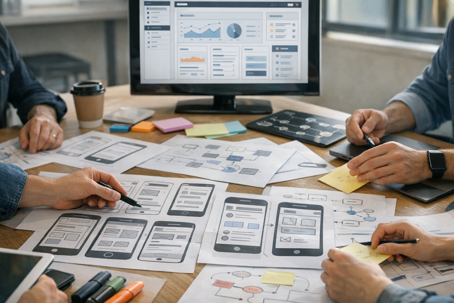 Nærbillede af en fælles produktplanlægningssession, hvor designere og udviklere ...