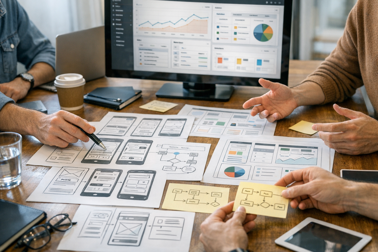 Close-up van een gezamenlijke productsessies waarin ontwerpers en developers mob...