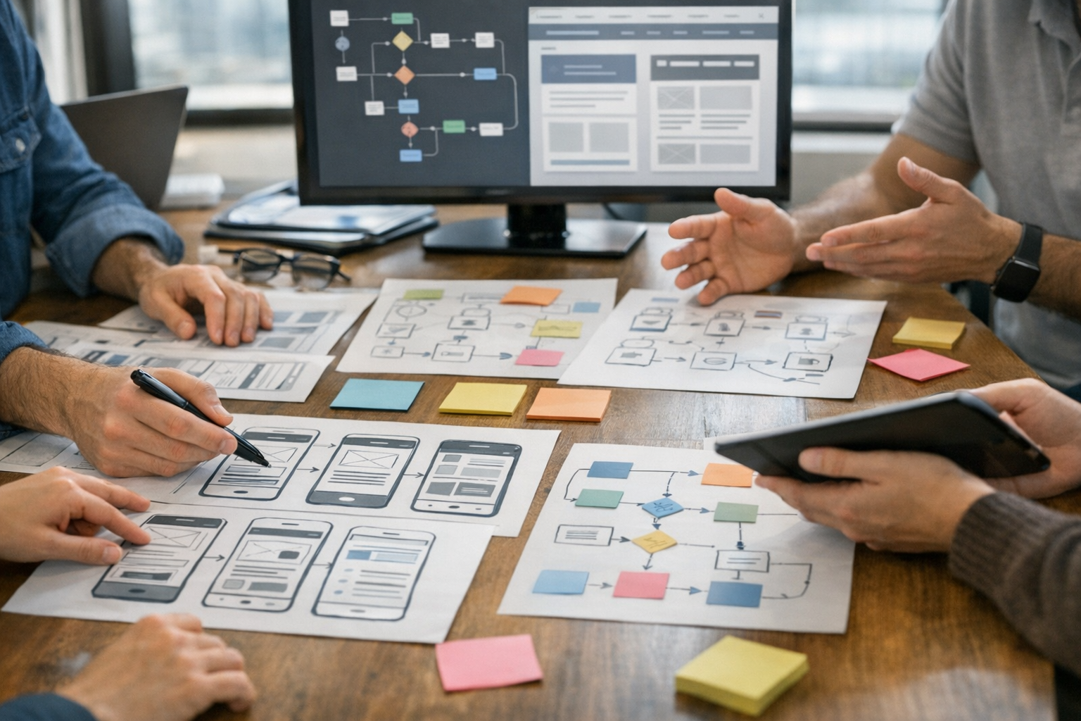 لقطة مقرّبة لجلسة تخطيط تعاونية للمنتج تُظهر مصممين ومطورين يناقشون مخططات تطبيق...