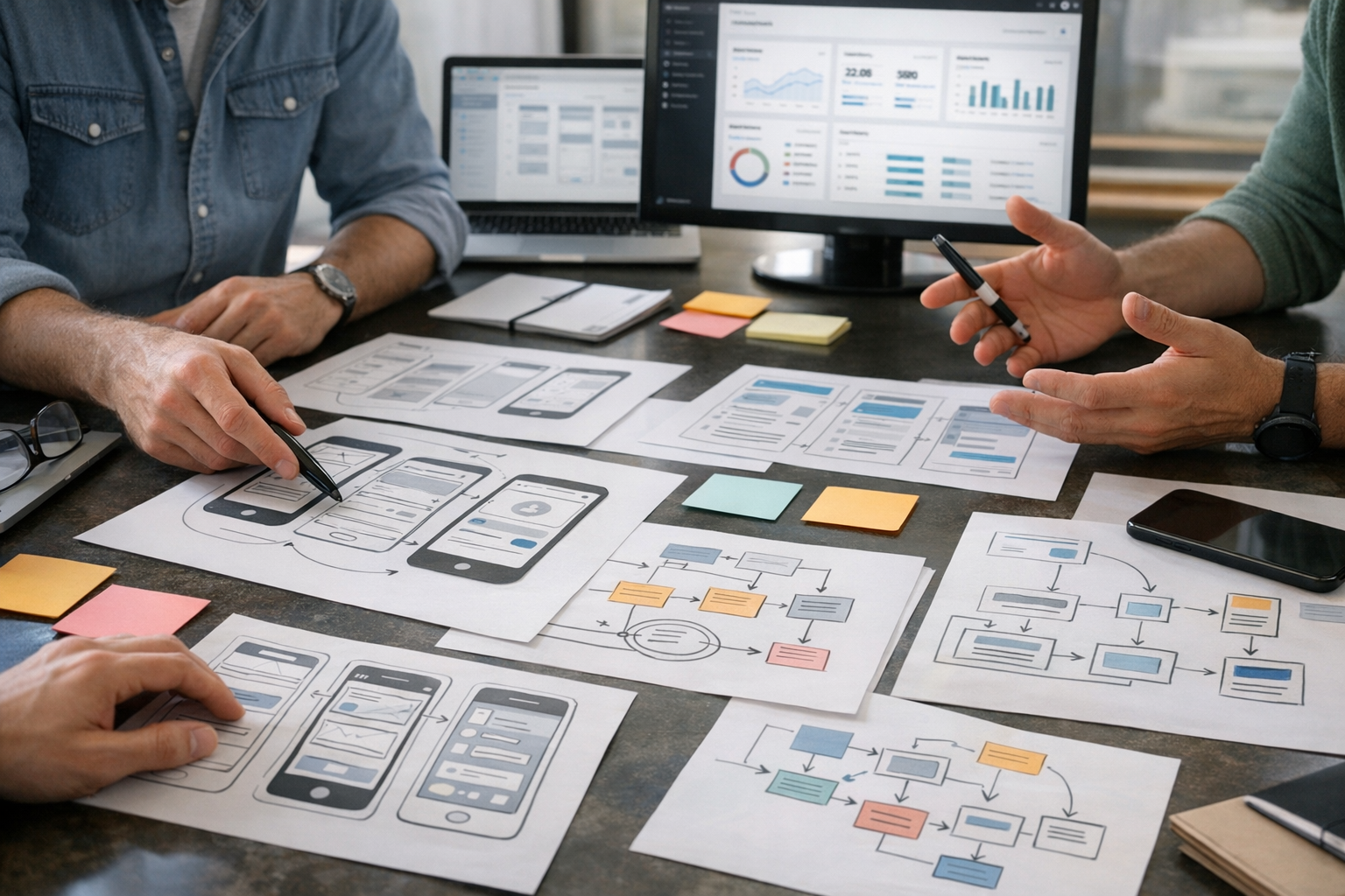 Primo piano di una sessione collaborativa di pianificazione prodotto con designe...