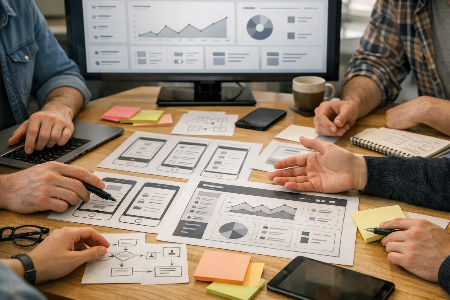 Zbliżenie na wspólną sesję planowania produktu, projektanci i programiści omawia...