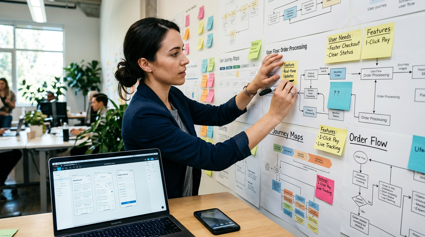 Nærbillede af en produktstrateg, der kobler brugerbehov til softwarefunktioner på en væg...