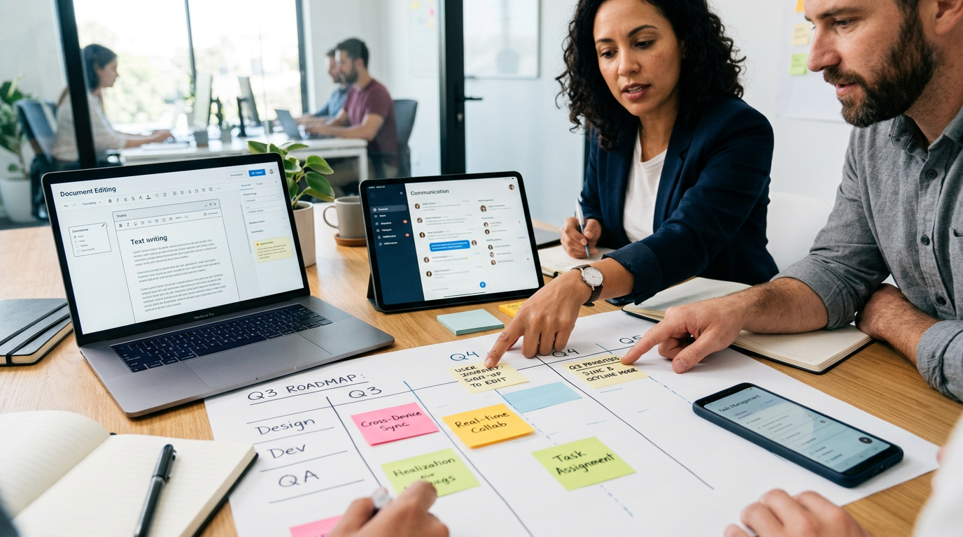 Realistisk scene med produktplanlægning på tværs af enheder med tablet, laptop og smar...