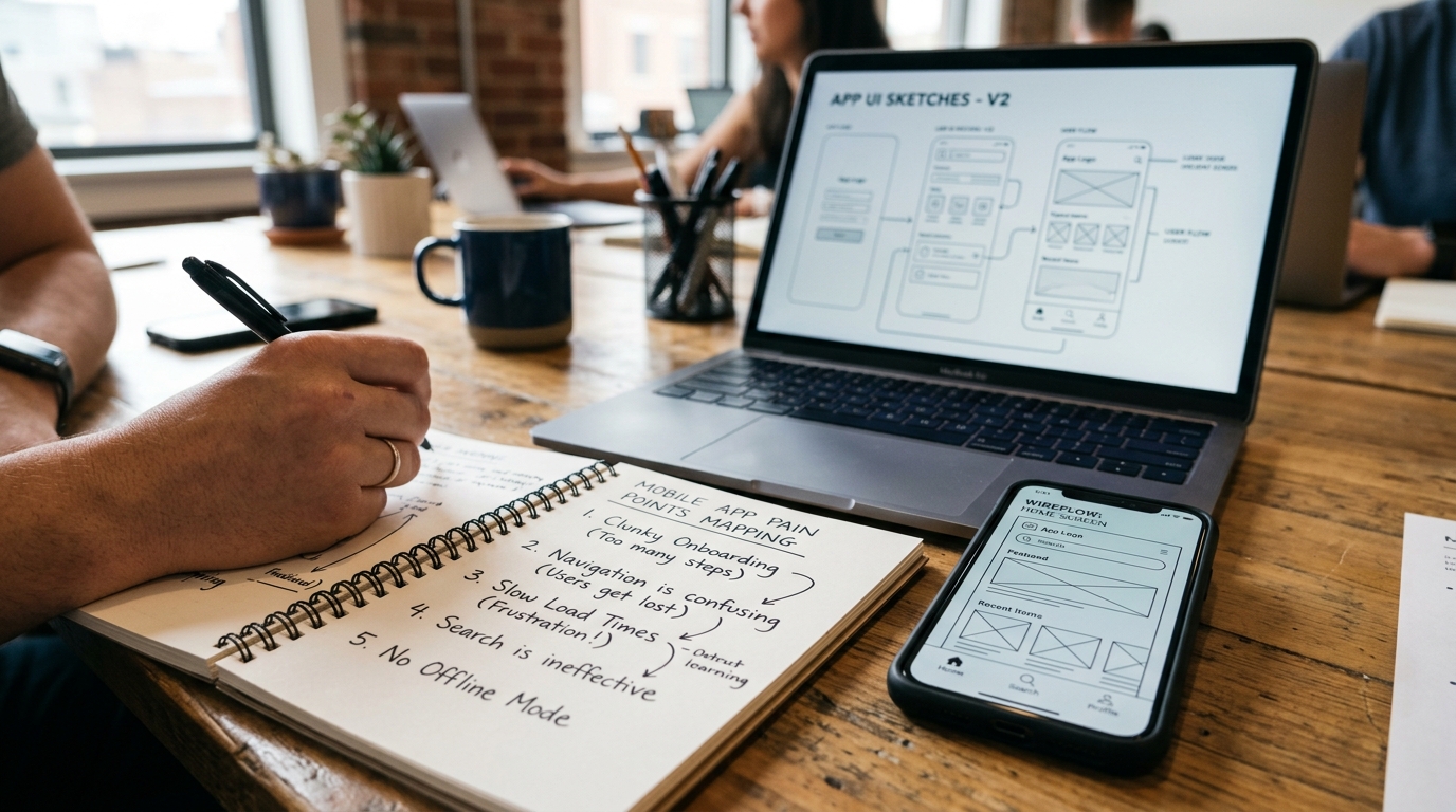 Nærbillede af en produktplanlægningssession for mobile applikationer med noter og skitser på et skrivebord