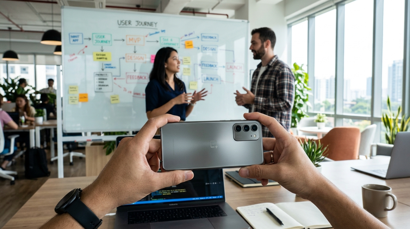 创意办公室内的一个动态镜头。前景中，一个人的手正拿着...