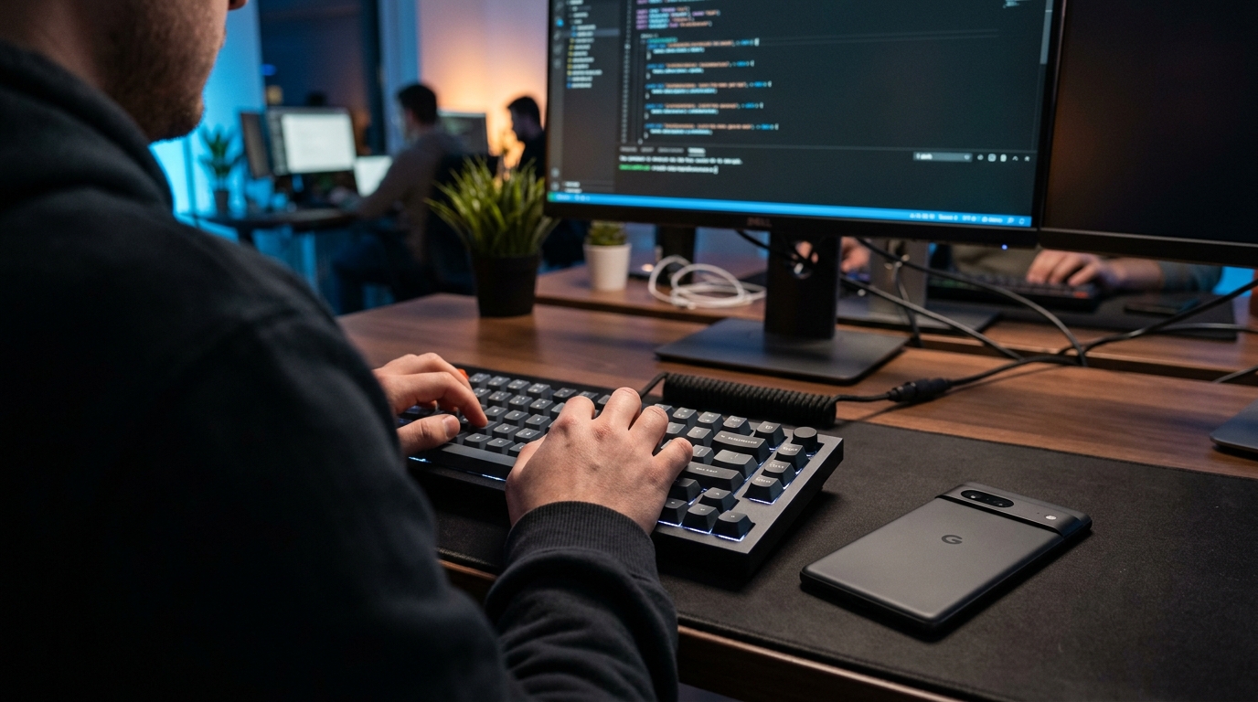 一名开发者在机械键盘上打字的近距离特写...